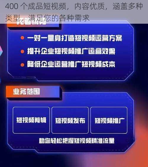 400 个成品短视频，内容优质，涵盖多种类型，满足您的各种需求