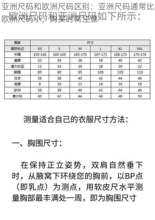 亚洲尺码和欧洲尺码区别：亚洲尺码通常比欧洲尺码小，购买时需注意