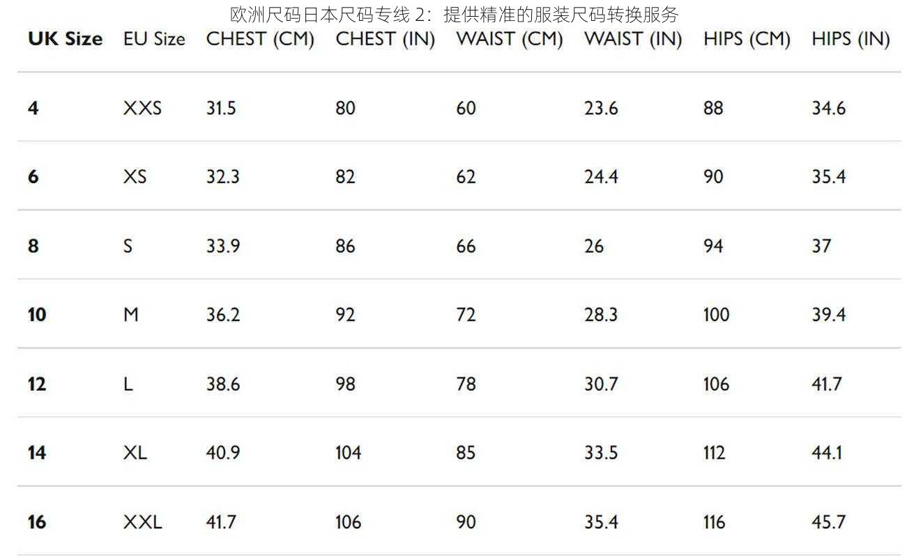 欧洲尺码日本尺码专线 2：提供精准的服装尺码转换服务
