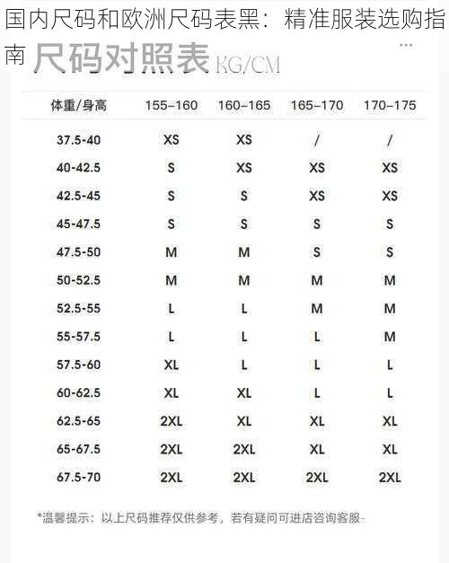 国内尺码和欧洲尺码表黑：精准服装选购指南